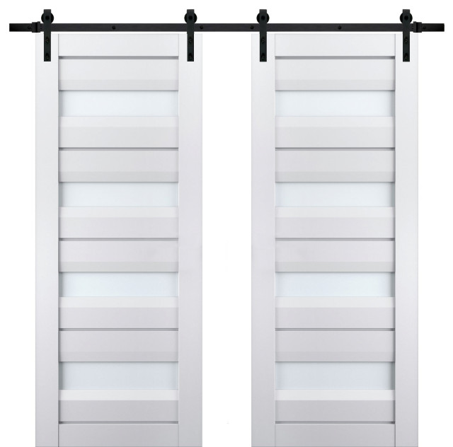 Double Barn Door, Veregio 7455 White & Frosted Glass, 13FT, 64"x80" (2* 32x80) Transitional