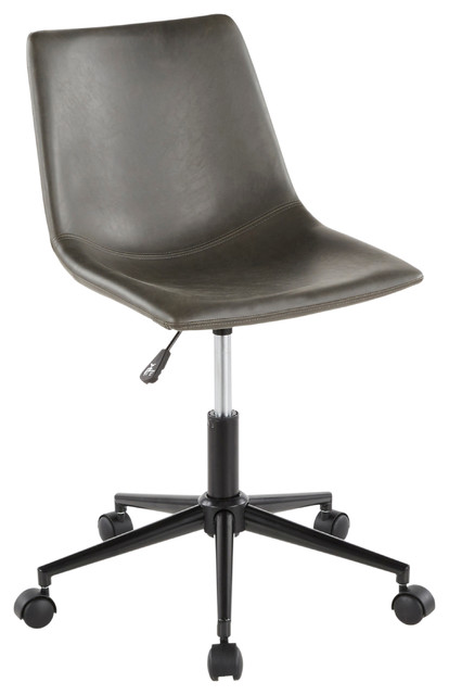 Lumisource Duke Task Chair, Black Metal Base, Gray PU Leather, Orange Stitching