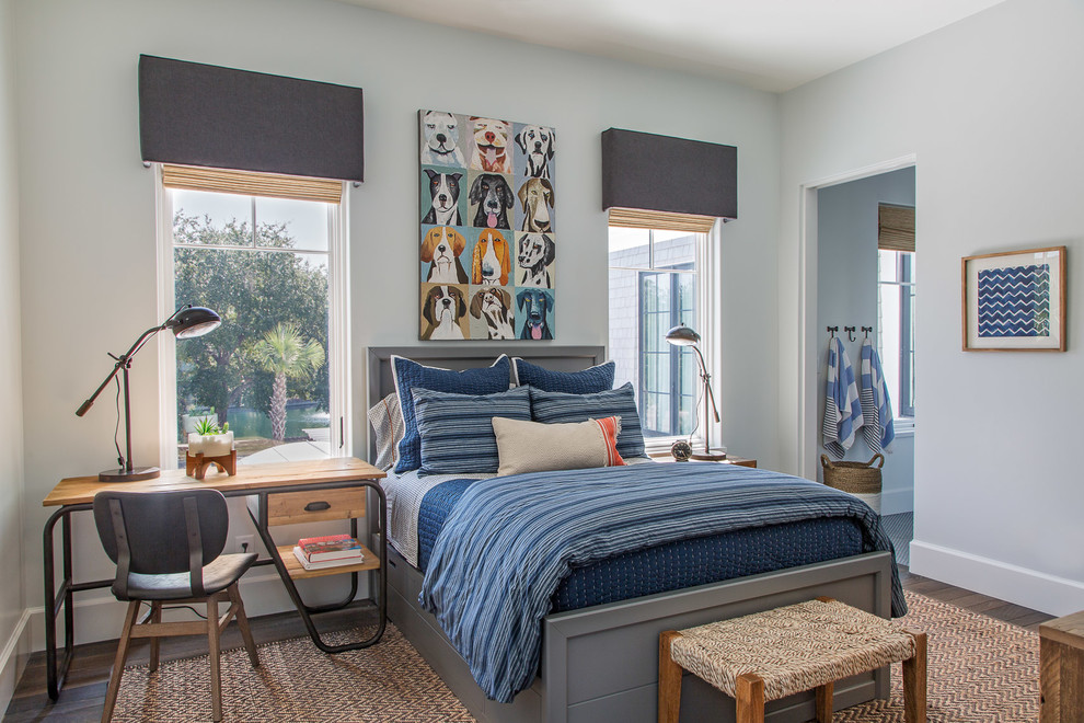 Inspiration for a beach style kids' bedroom in Charleston with blue walls, dark hardwood floors and brown floor.
