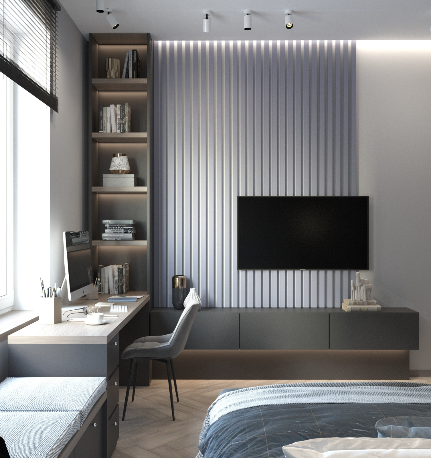 Просторная квартира в синими стенами