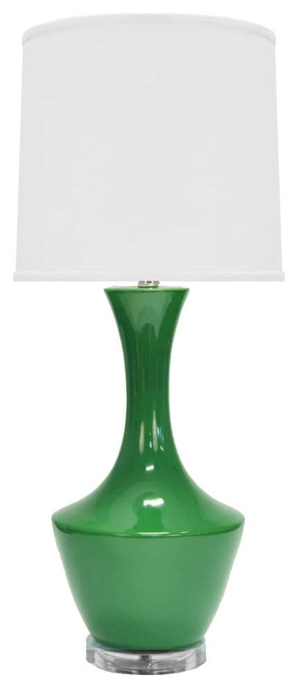 Ceramic Table Lamp, Kelly Green With White Linen Shade