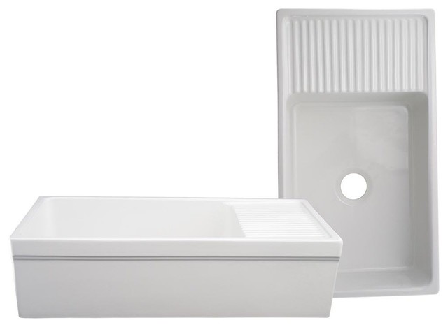 Fireclay Reversible Sink, Integral Drainboard, Decorative 2 ½" Lip on Both Sides