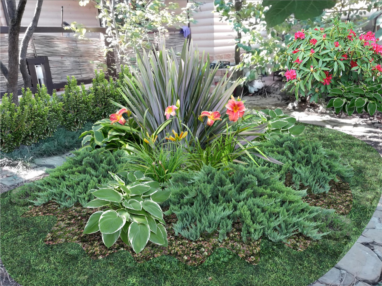 Тенистый сад с вечнозелеными растениями