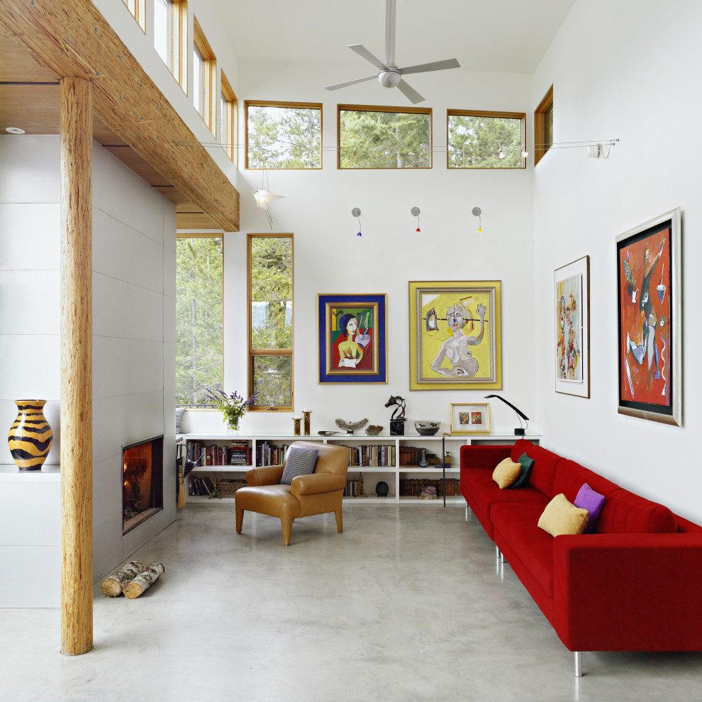 Photo of an eclectic open concept living room in Other with a library, white walls, concrete floors, a ribbon fireplace, no tv, grey floor and vaulted.