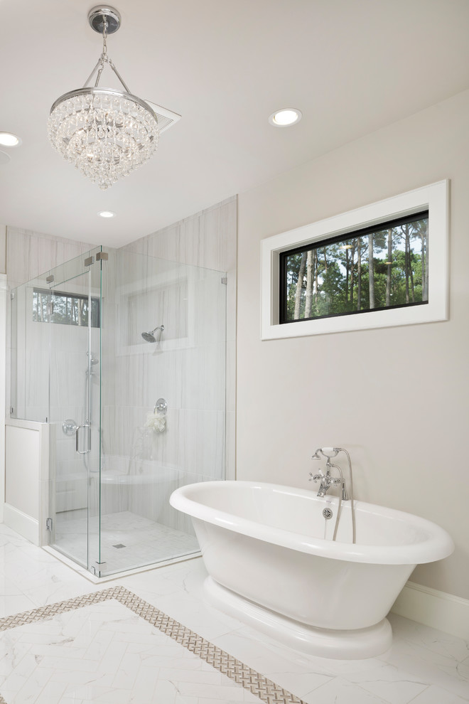 Photo of a mid-sized country master bathroom in Houston with recessed-panel cabinets, grey cabinets, a freestanding tub, a corner shower, porcelain floors, an undermount sink, granite benchtops, white floor, a hinged shower door and grey benchtops.