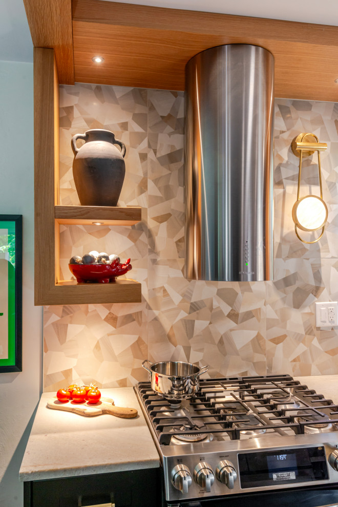 Small transitional galley porcelain tile and gray floor eat-in kitchen photo with a single-bowl sink, shaker cabinets, quartzite countertops, multicolored backsplash, porcelain backsplash, stainless steel appliances, no island and beige countertops