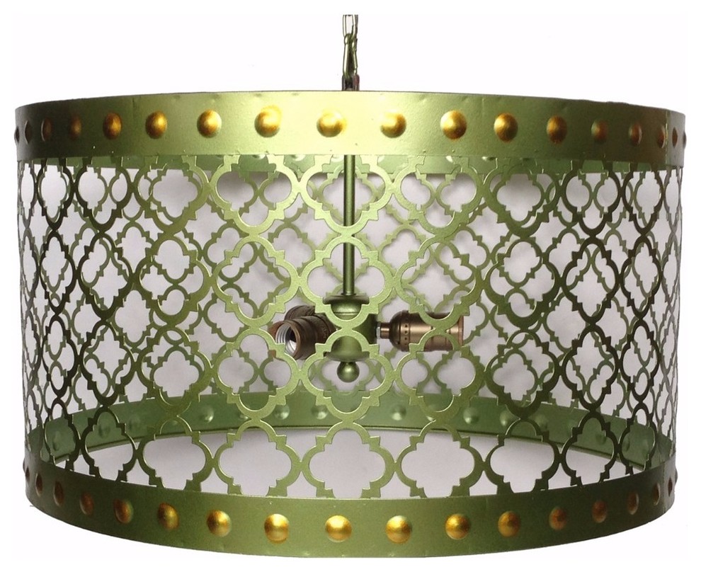 Benzara BM154192 Elegant Drum Shaped Metal Chandelier With Bulb Holders, Green