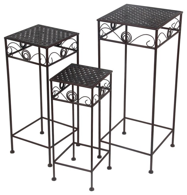 3Piece Black Metal Nesting Square Plant Stand Set Swirl Accents