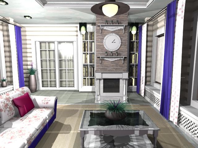 гостиная с камином и библиотекой в доме из бруса