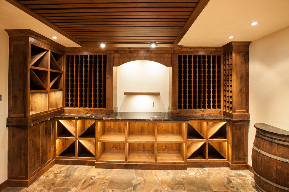 Expansive asian wine cellar in Vancouver with storage racks.