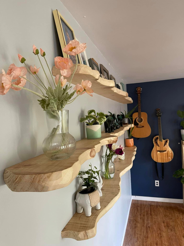 Live Edge Lumber Shelves and Fireplace