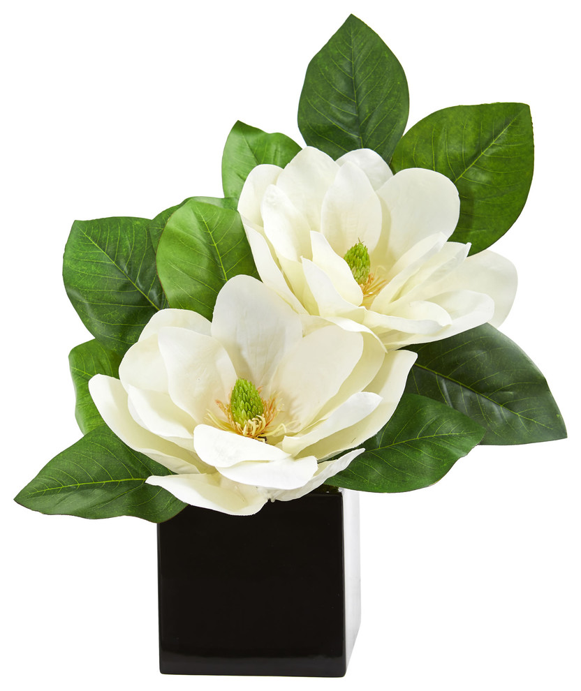 Magnolia Artificial Arrangement in Black Vase Contemporary