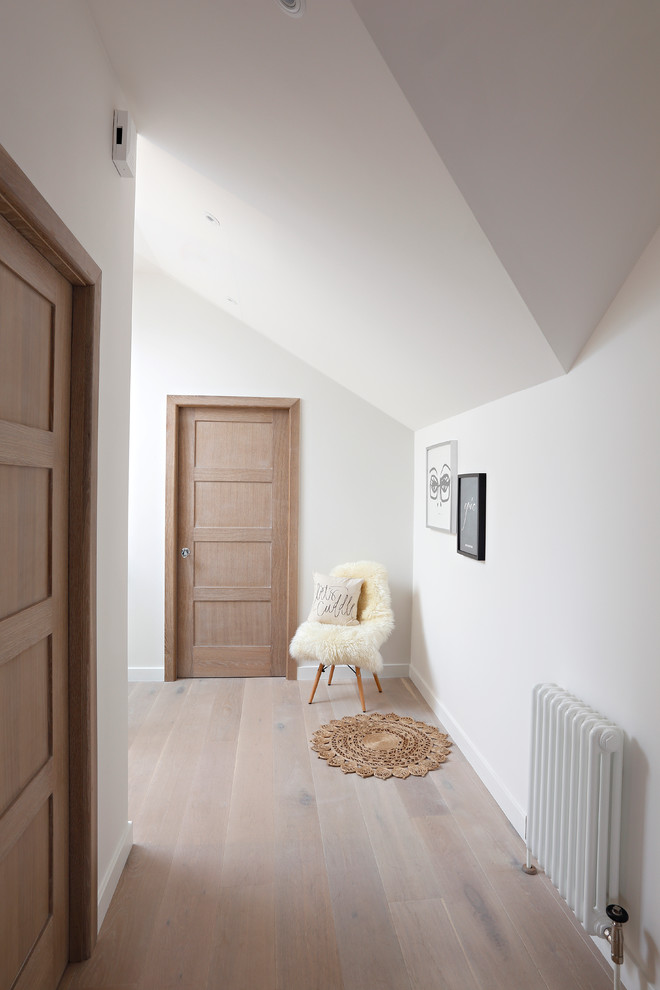 Inspiration for a scandinavian hallway in London with white walls and light hardwood floors.