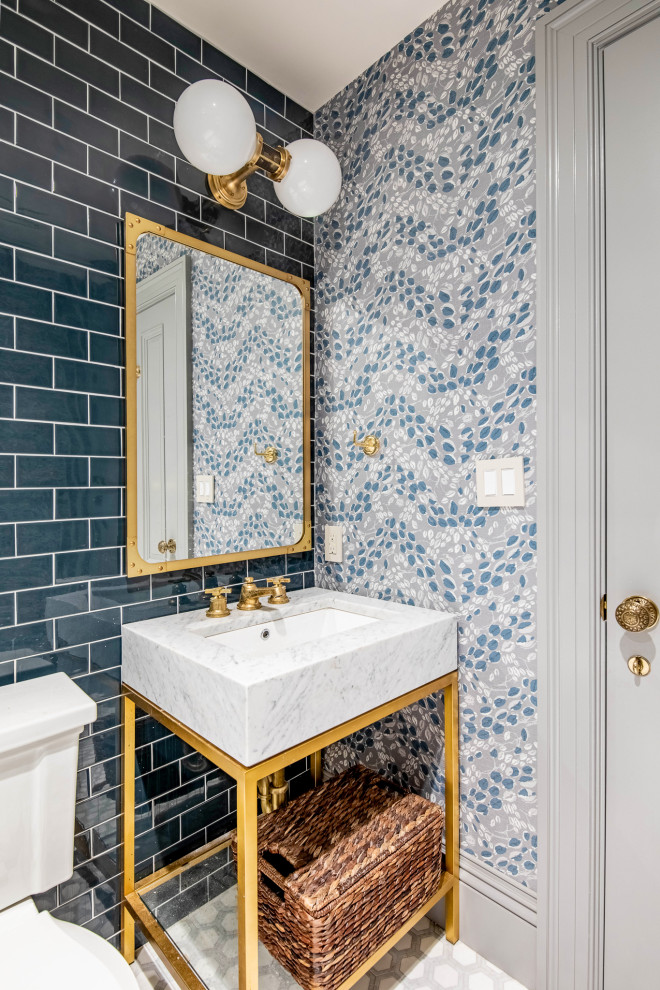 Photo of a transitional bathroom in Boston with blue tile, ceramic tile, blue walls, quartzite benchtops, multi-coloured floor, an open shower, a niche, a single vanity, a freestanding vanity and wallpaper.