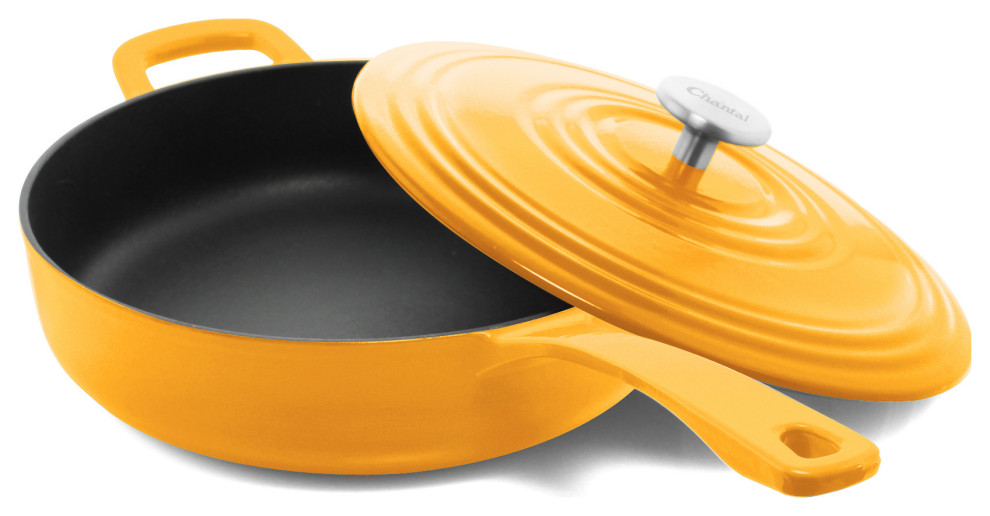 Chantal Marigold Yellow Cast Iron 4 Quart Round Saute Skillet with Lid Transitional Frying