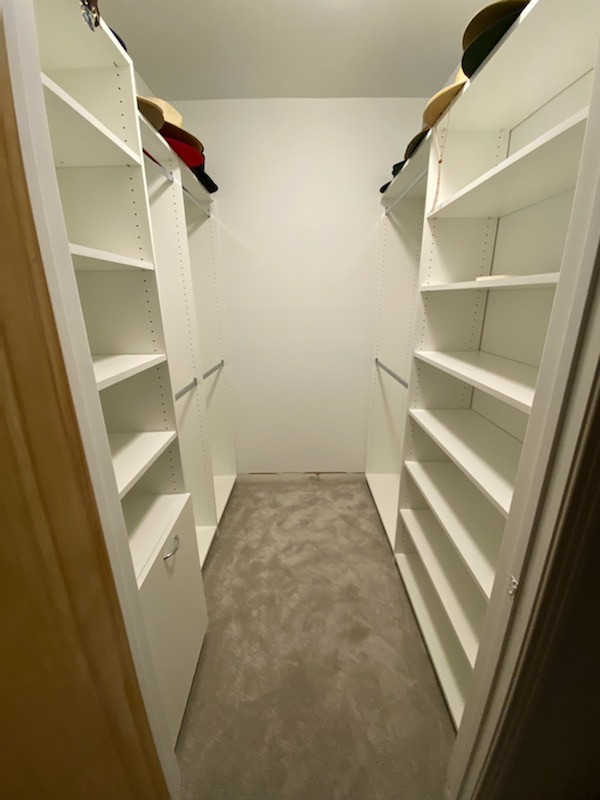 Photo of a mid-sized walk-in wardrobe in Los Angeles with flat-panel cabinets and carpet.
