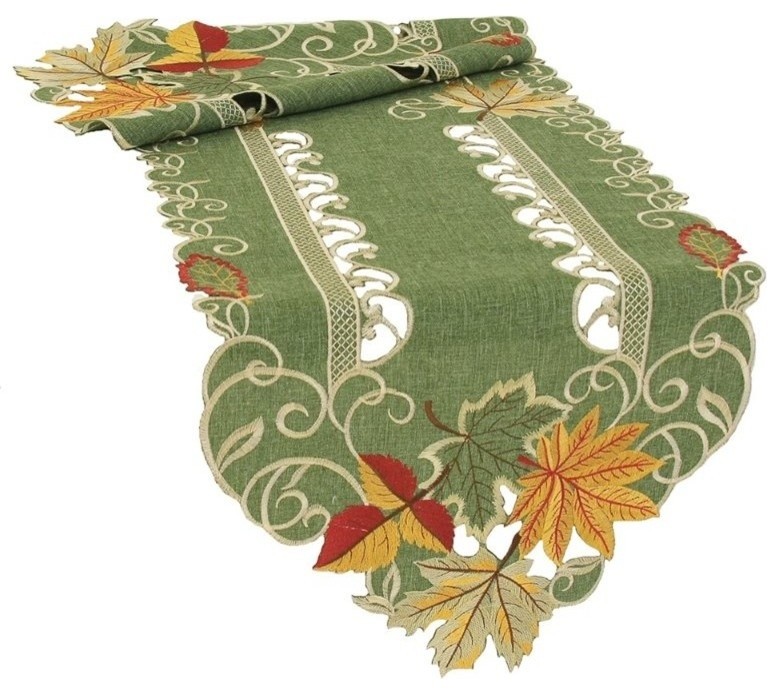 Delicate Leaves Embroidered Cutwork Fall Table Runner, Green, 15''x54''