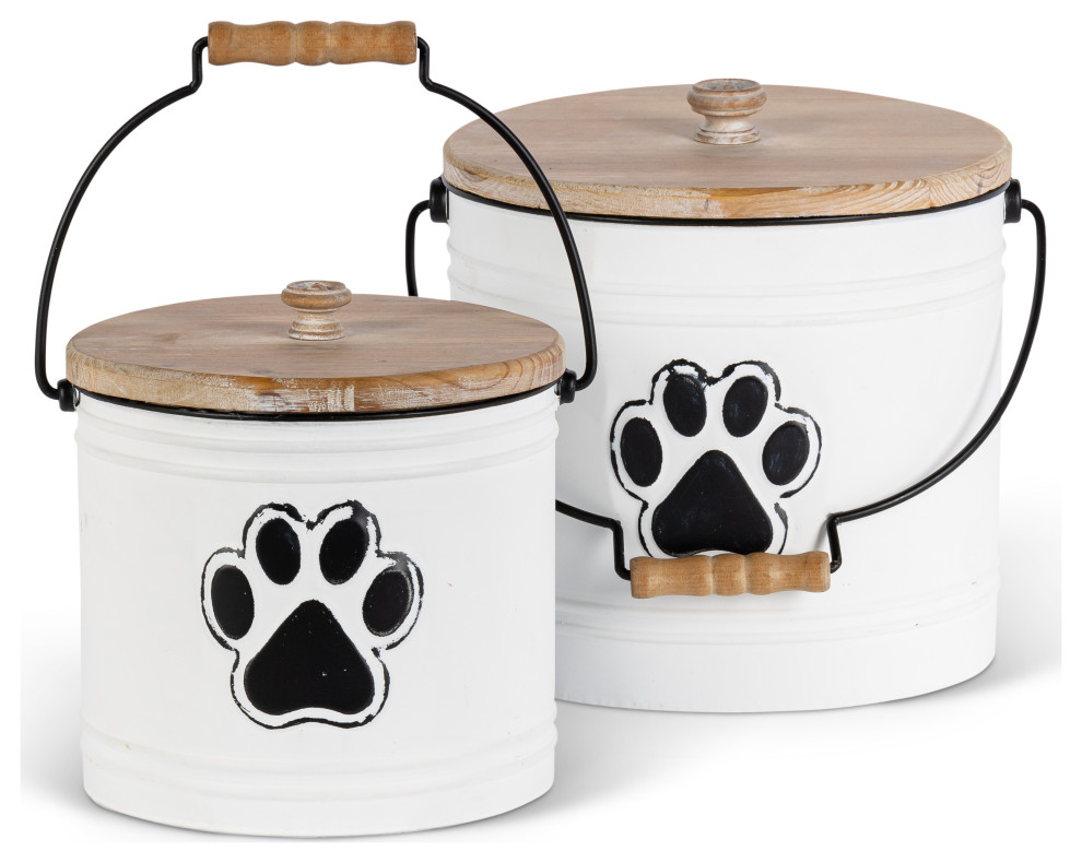Set of 2, Assorted Metal Pet Storage Buckets, Wooden Lids and Handles ...