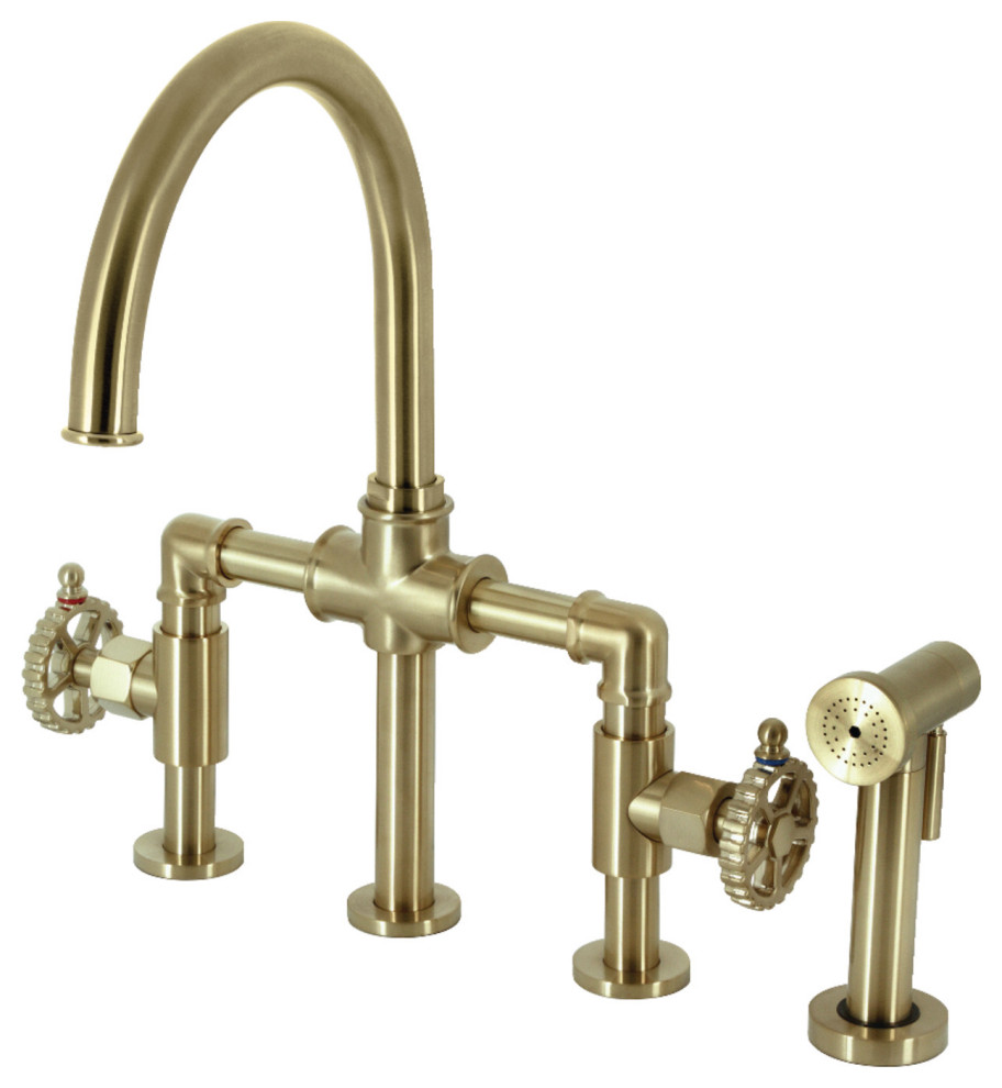 KS2337CG Bridge Kitchen Faucet With Brass Sprayer, Brushed Brass