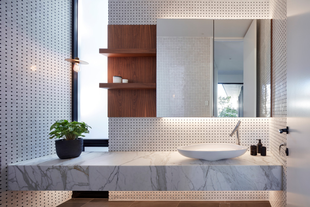 Inspiration for a contemporary bathroom in Adelaide with white tile, mosaic tile, a vessel sink, brown floor and white benchtops.