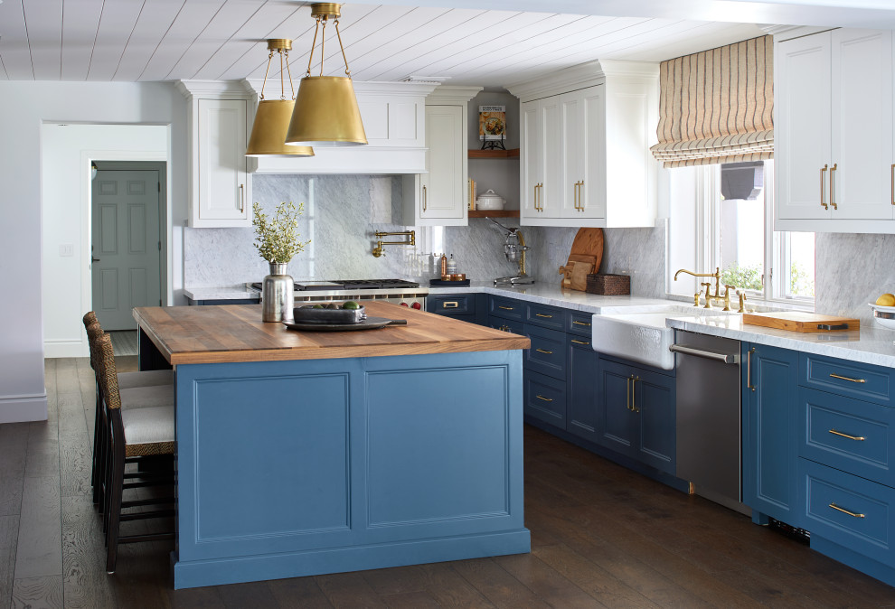 Inspiration for a traditional kitchen in Phoenix with blue cabinets.