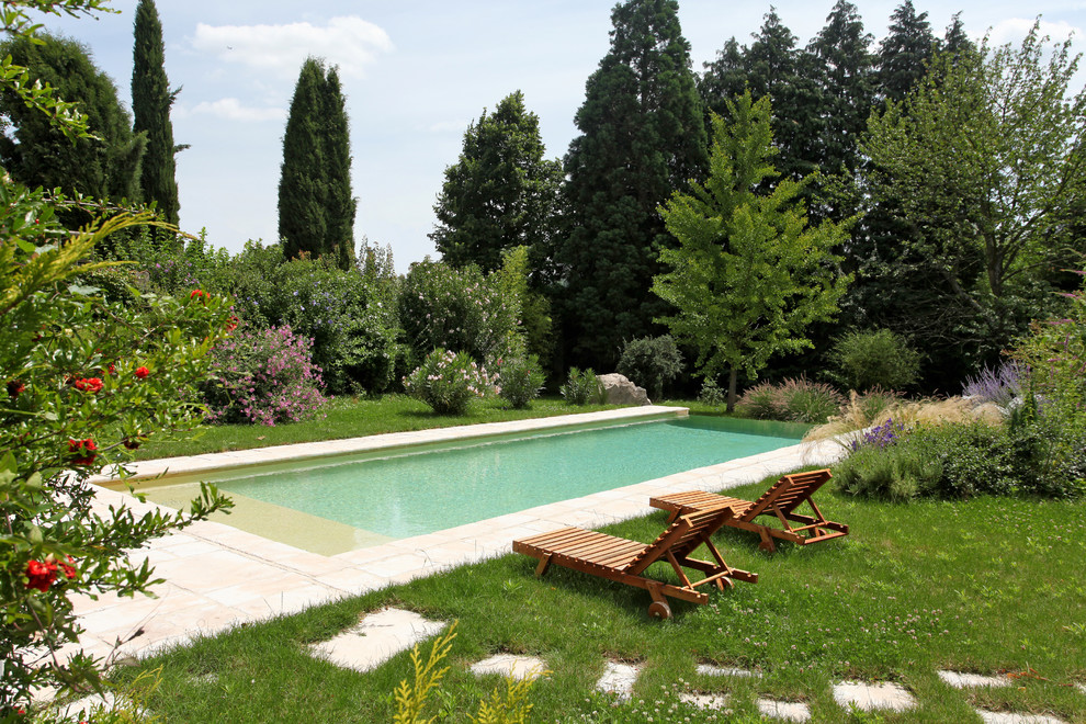This is an example of a mid-sized transitional backyard rectangular infinity pool in Lyon with natural stone pavers.