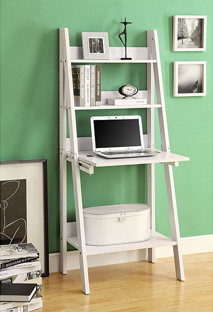 White 61-inch Ladder Bookcase Drop-down Desk