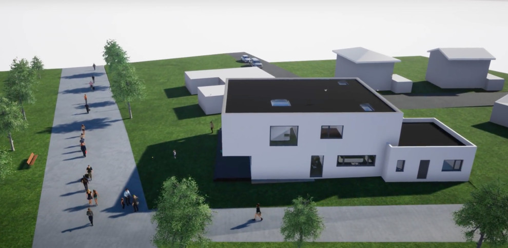 Geräumiges, Zweistöckiges Modernes Einfamilienhaus mit Putzfassade, grauer Fassadenfarbe, Flachdach, Misch-Dachdeckung und schwarzem Dach in Sonstige