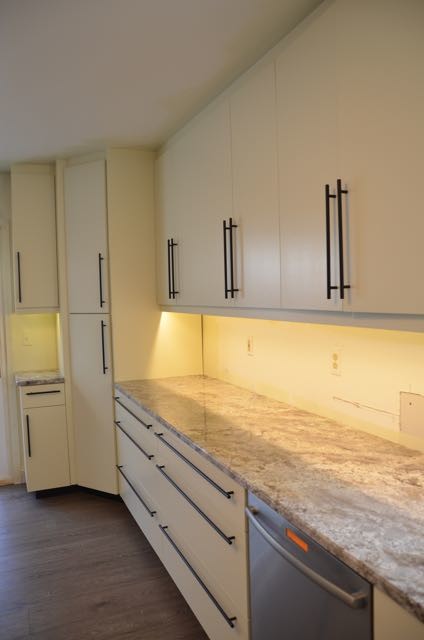 Inspiration for a mid-sized contemporary l-shaped eat-in kitchen in Detroit with a double-bowl sink, flat-panel cabinets, white cabinets, granite benchtops, stainless steel appliances, plywood floors and a peninsula.