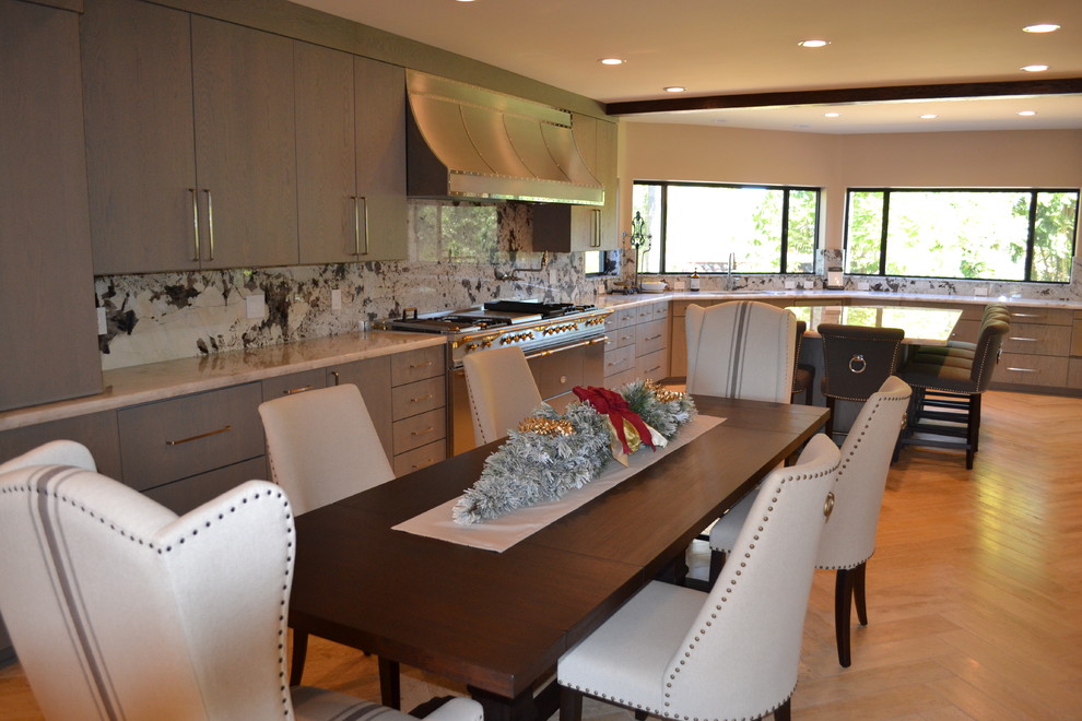 Eat-in kitchen - huge transitional porcelain tile and beige floor eat-in kitchen idea in San Diego with flat-panel cabinets, gray cabinets, quartzite countertops, multicolored backsplash, stainless steel appliances and an island