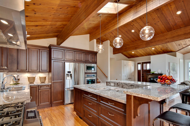 Open Concept Kitchen With Vaulted Wood Ceiling
