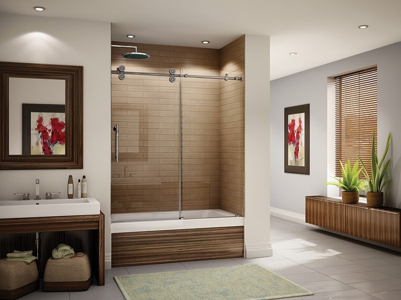 This is an example of a large modern master bathroom in Chicago with flat-panel cabinets, dark wood cabinets, an alcove tub, a shower/bathtub combo, brown tile, porcelain tile, grey walls, porcelain floors, a vessel sink and beige floor.