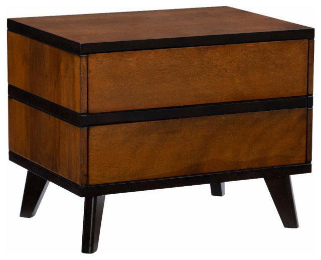 Mid Century Modern Nightstand, 2 Drawers & Black Striped Accents, Warm