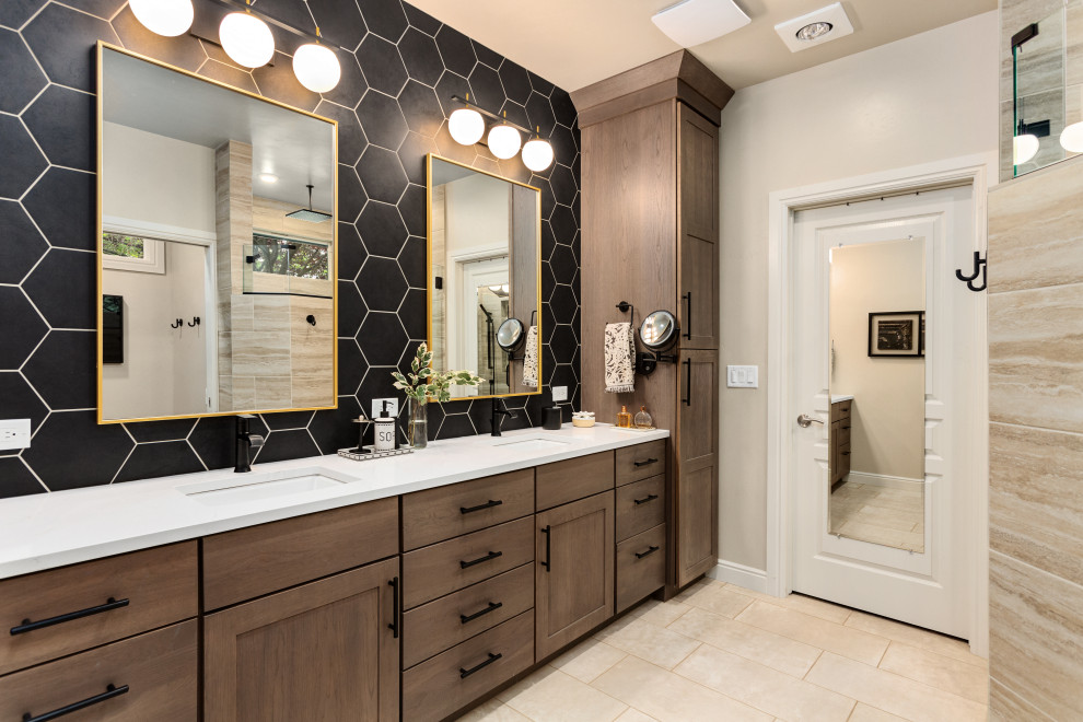 Design ideas for a large transitional master wet room bathroom in Boise with shaker cabinets, dark wood cabinets, a bidet, black tile, porcelain tile, beige walls, ceramic floors, an undermount sink, engineered quartz benchtops, beige floor, a hinged shower door, white benchtops, an enclosed toilet, a double vanity and a built-in vanity.