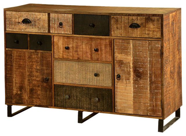 Wooden Patches Mango Wood & Iron 55” Buffet Sideboard Cabinet With Wooden Patches Mango Wood & Iron 55” Buffet Sideboard Cabinet with Drawers rustic-buffets - Wooden Patches Mango Wood & Iron 55” Buffet Sideboard Cabinet With