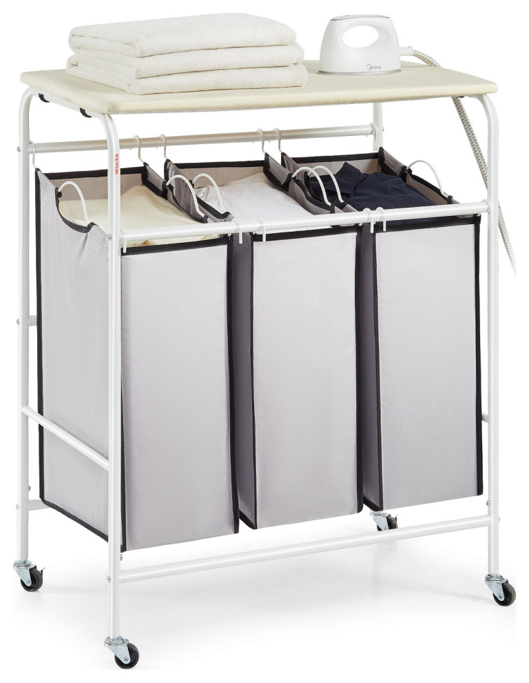 VEVOR 3Section Laundry Sorter Cart Rolling With Ironing Board & Removable Bags Transitional