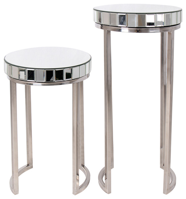 Argento 2 Piece Mirrored Round Side End Table Contemporary Argento 2 Piece Mirrored Round Side End Table