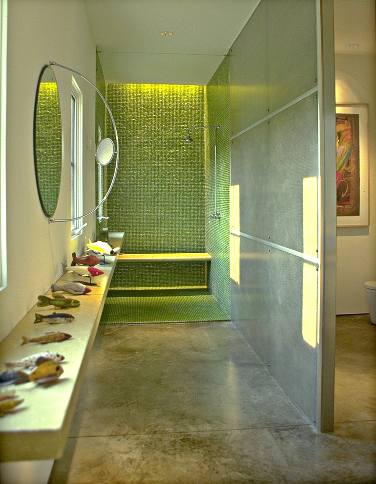 Modern bathroom in DC Metro with mosaic tile, an open shower, green walls, concrete floors, an open shower and green floor.