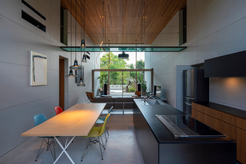 Идея дизайна: большая кухня-столовая в стиле модернизм с серыми стенами, бетонным полом, серым полом и потолком из вагонки