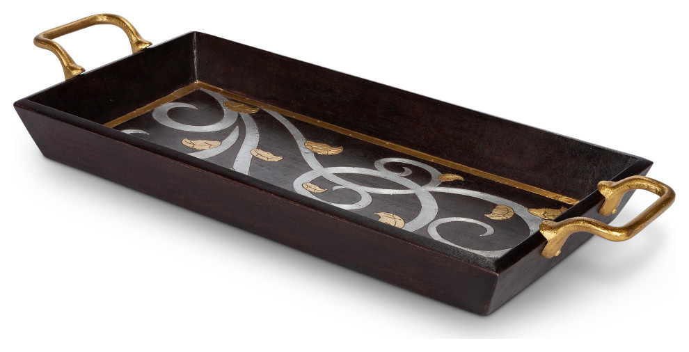 29" Long Gold Leaf Rectangular Mango Wood Tray with Gold Handles
