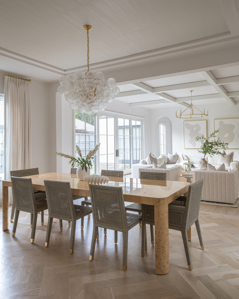 Inspiration for a transitional light wood floor, beige floor, tray ceiling and wallpaper ceiling great room remodel in Dallas with white walls