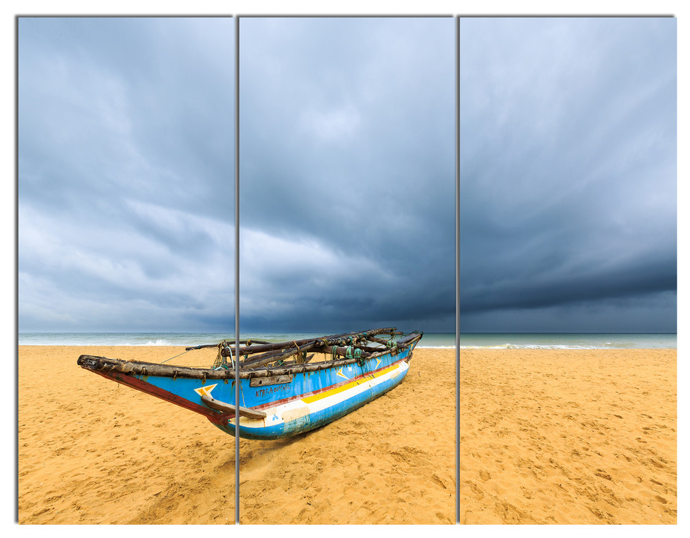 Fishing Boat On Beach With Dark Clouds Metal Wall Art Beach Style Metal Wall Art By Design Art Usa