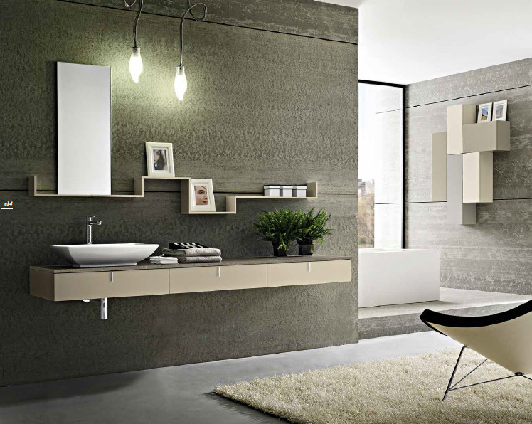 Large modern master bathroom in Miami with a console sink, flat-panel cabinets, dark wood cabinets, marble benchtops, brown tile, green walls and concrete floors.