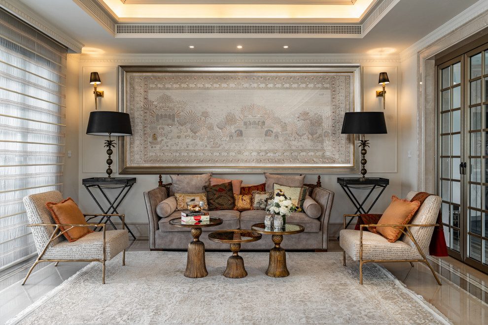 Photo of a transitional living room in Hyderabad With Grey Walls and Gray.