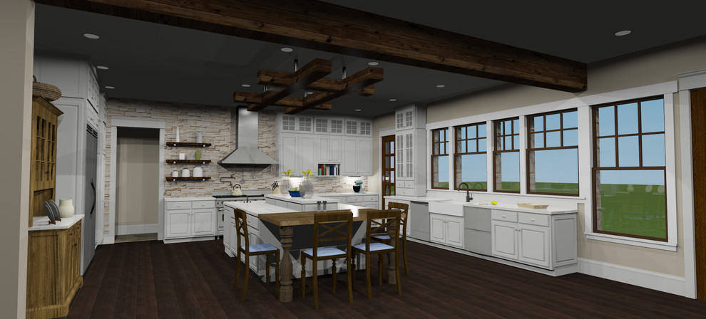 Inspiration for a large country u-shaped open plan kitchen in Dallas with a farmhouse sink, shaker cabinets, white cabinets, quartzite benchtops, beige splashback, limestone splashback, stainless steel appliances, dark hardwood floors, with island and brown floor.