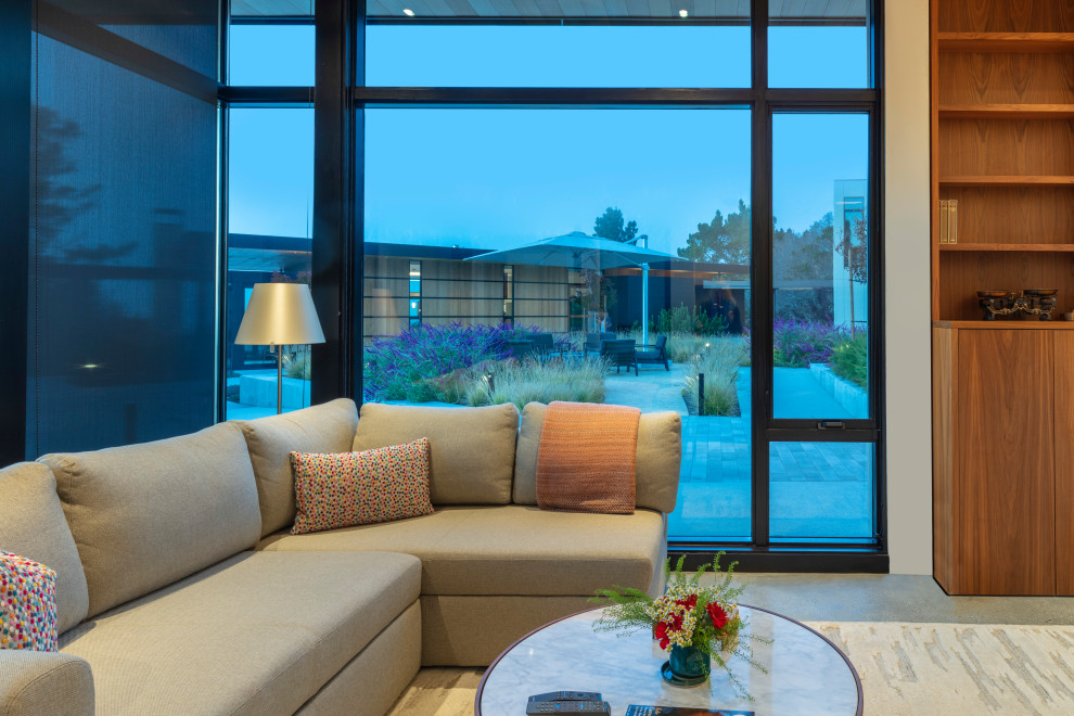 Foto di un ampio soggiorno moderno con pavimento in cemento, TV a parete e soffitto in legno