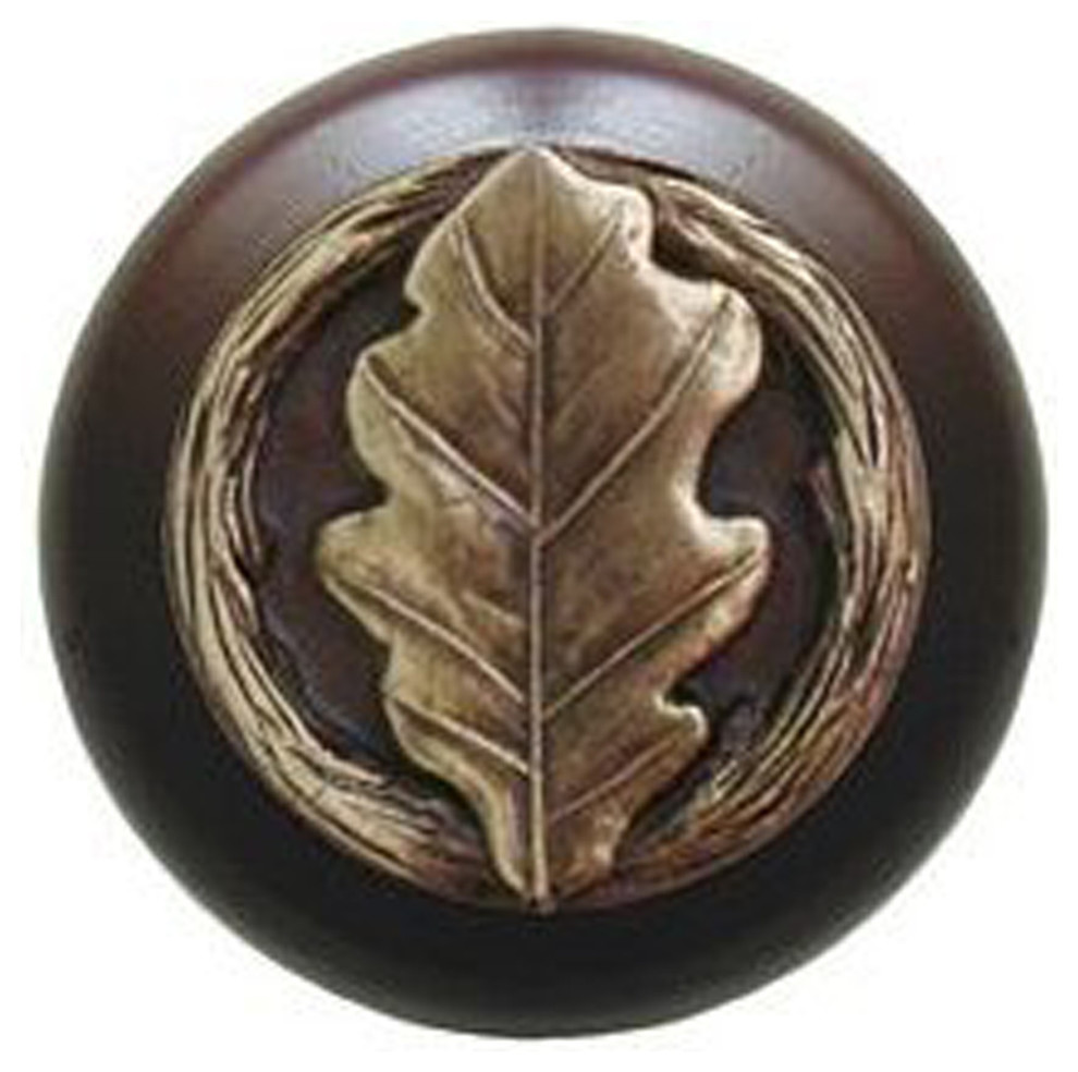Notting Hill Oak Leaf/Dark Walnut Wood Knob, Antique Brass, Dimensions: 1-1/2" D