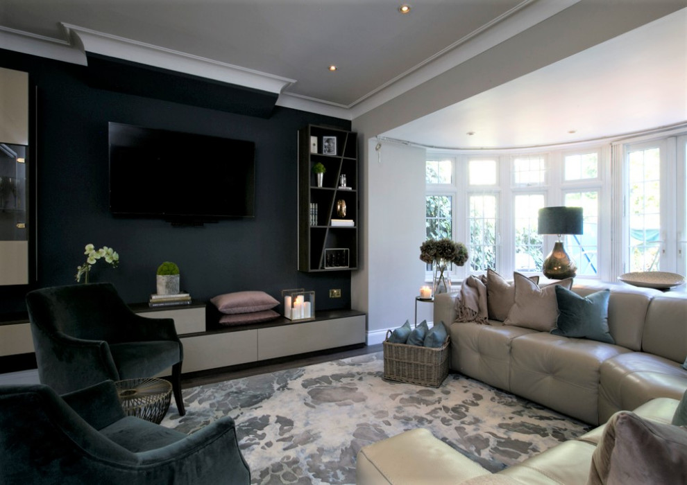 Design ideas for a contemporary living room in London with brown walls and dark hardwood floors.