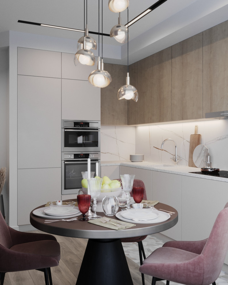 This is an example of a contemporary l-shaped enclosed kitchen in Moscow with flat-panel cabinets, white cabinets, composite countertops, white splashback, porcelain splashback, no island and white worktops.
