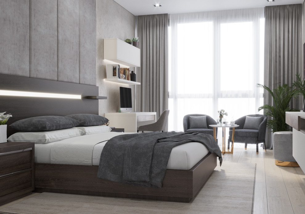 Inspiration for a mid-sized contemporary master bedroom in Other with beige floor, beige walls and laminate floors.